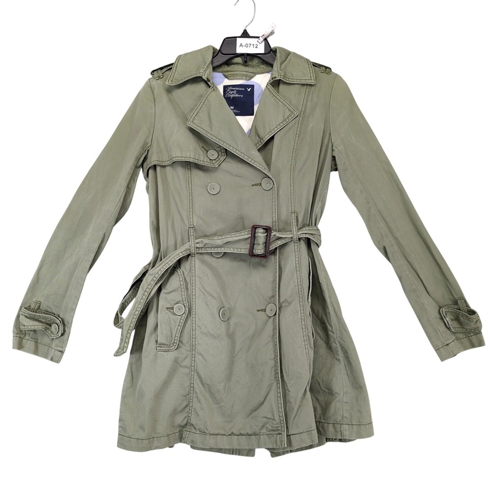 American Eagle Olive Double Breasted Trench Coat Womens M Belted AEO Grunge Chic